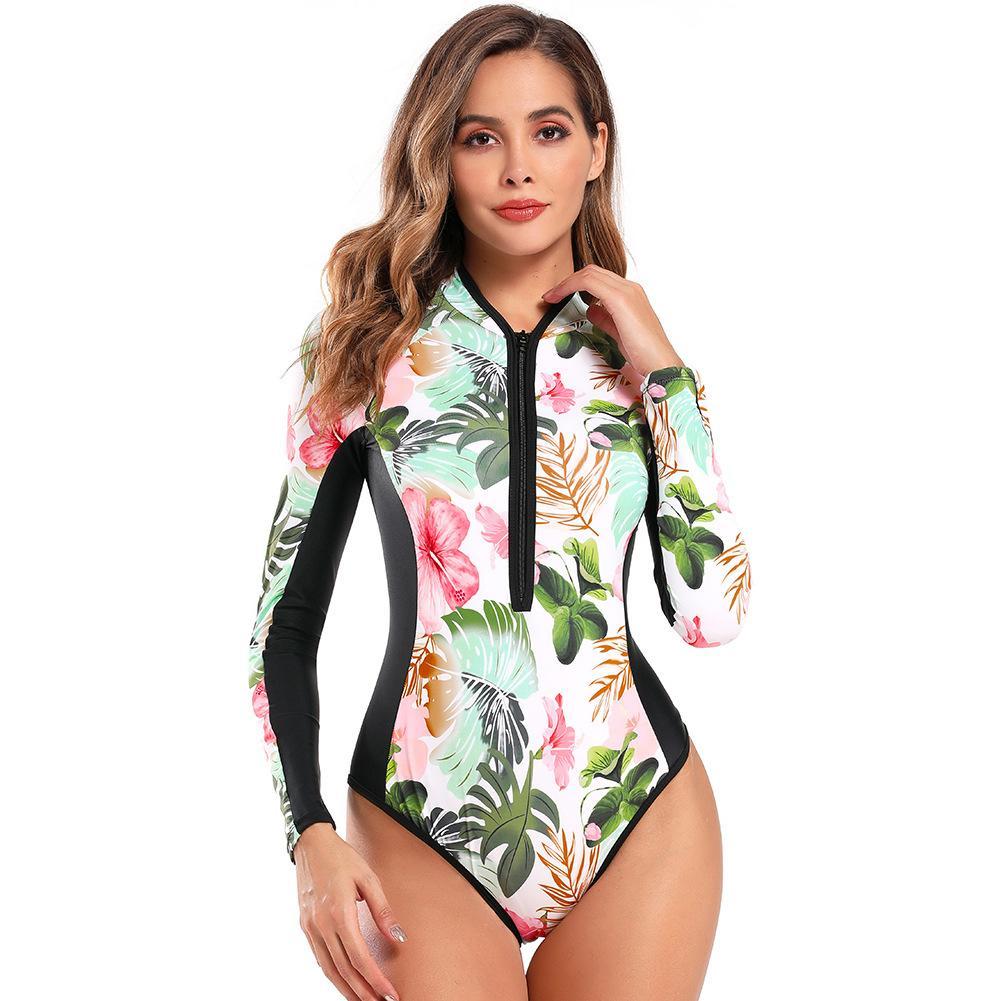 One Piece Wetsuit Swimsuit Women'S Sexy Sport Long Sleeve Printed Surf Swimsuit Monokini