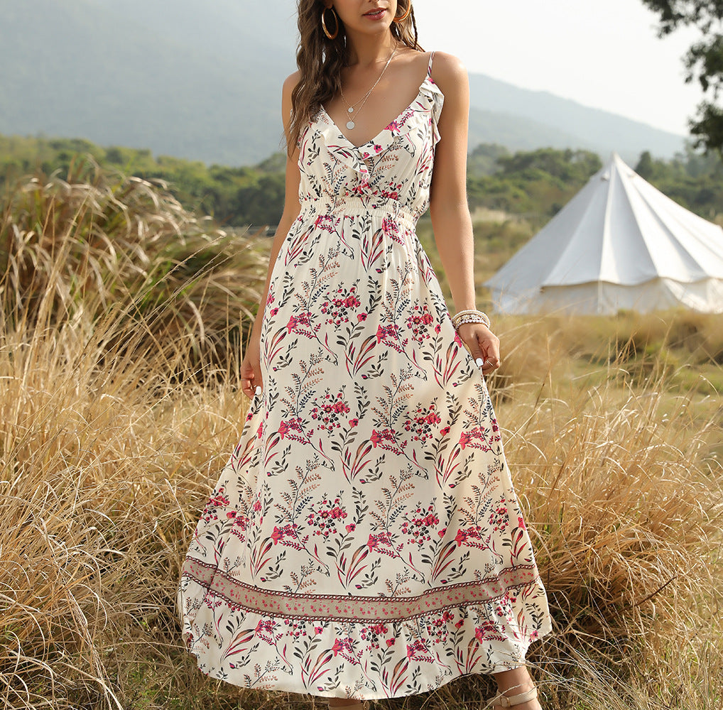Bohemian Wind Printed Flounced V-Neck Suspender Dress