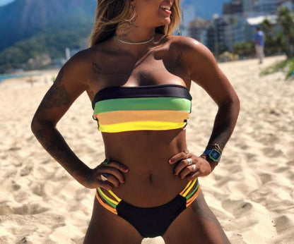 New European And American Women'S Fashion Split Bikini Stitching Striped Swimsuit