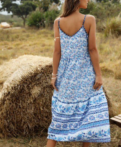 Bohemian Wind Printing Loose V-Neck Stitching Large Suspender Dress Women'S Clothing