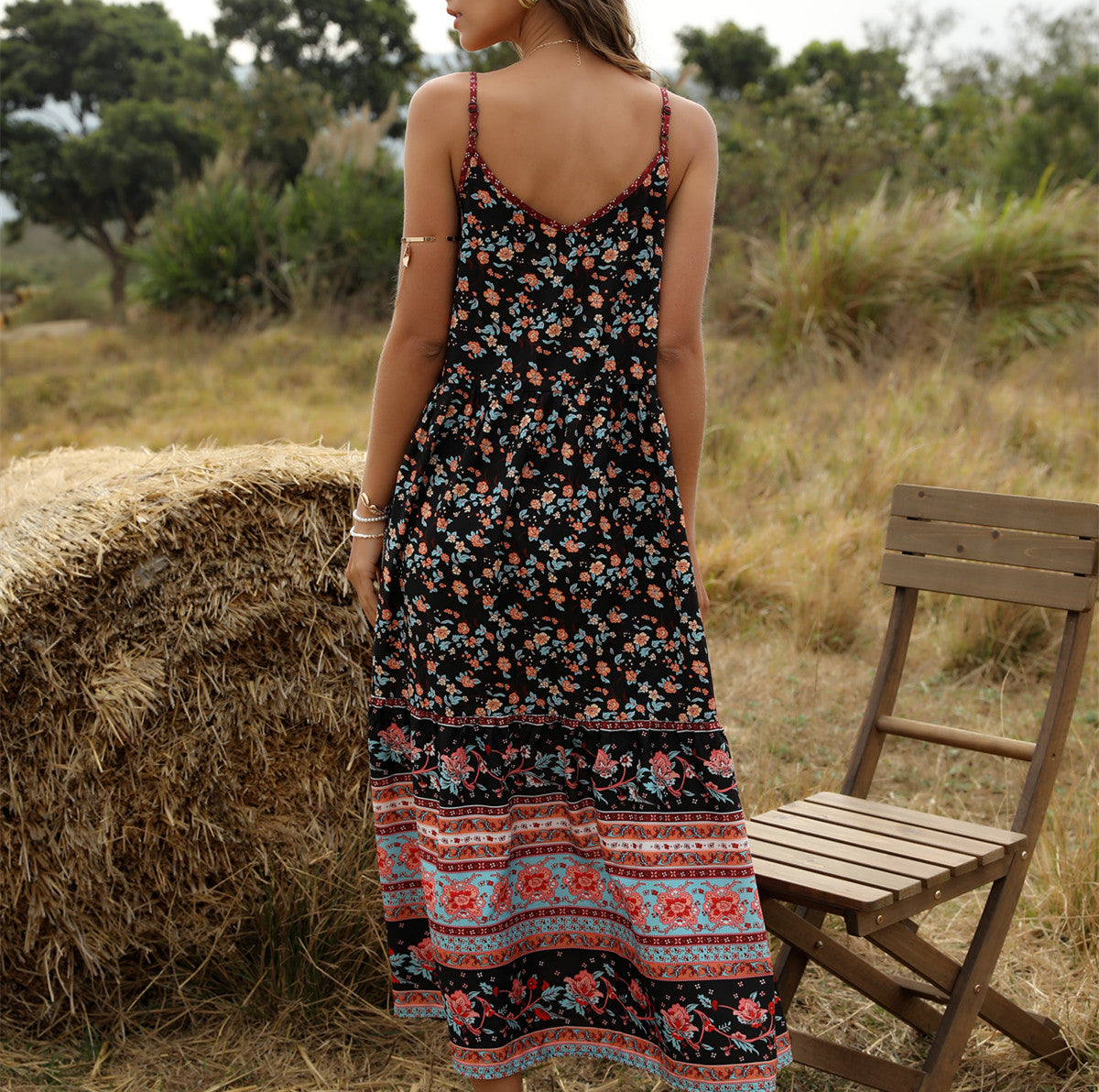 Bohemian Wind Printing Loose V-Neck Stitching Large Suspender Dress Women'S Clothing