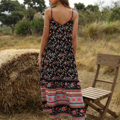 Bohemian Wind Printing Loose V-Neck Stitching Large Suspender Dress Women'S Clothing