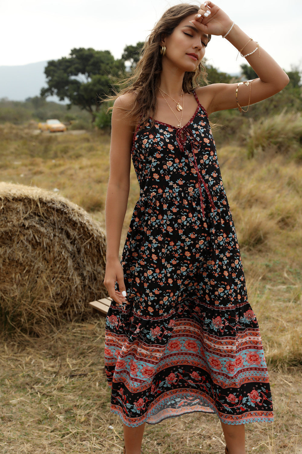 Bohemian Wind Printing Loose V-Neck Stitching Large Suspender Dress Women'S Clothing