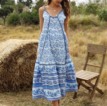 Bohemian Wind Printing Loose V-Neck Stitching Large Suspender Dress Women'S Clothing