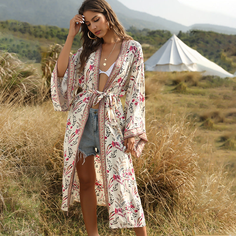 Bohemian Beach Vacation Print Sunscreen Cardigan With Shawl