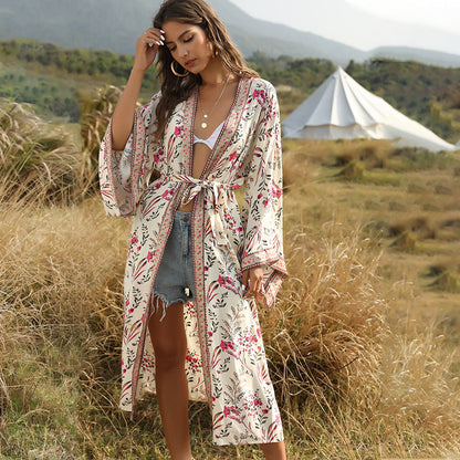 Bohemian Beach Vacation Print Sunscreen Cardigan With Shawl