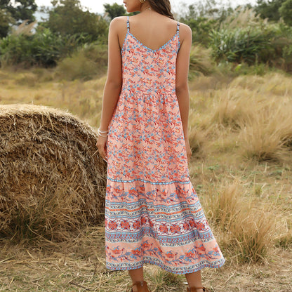 Bohemian Wind Printing Loose V-Neck Stitching Large Suspender Dress Women'S Clothing