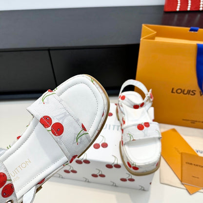 LV Maya Platform Sandals Cherry Motif 6cm White Cowhide Denim 572494