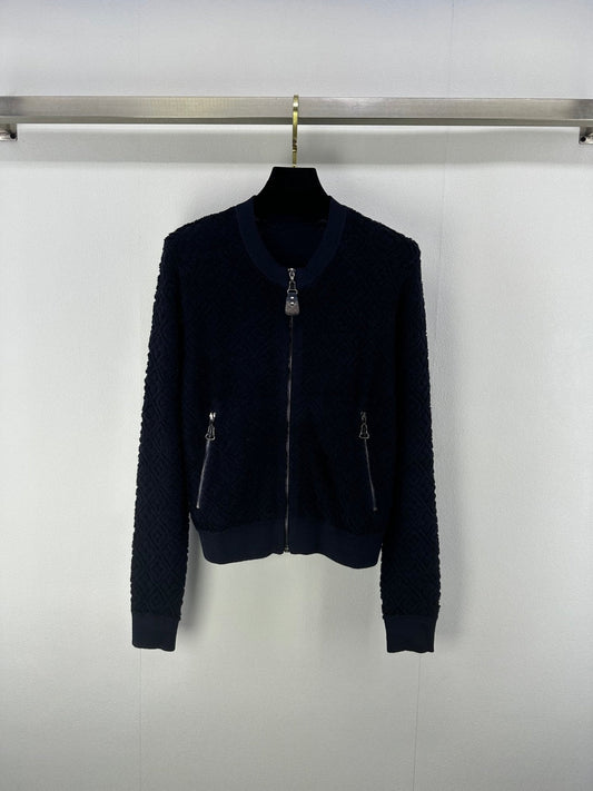 LV Embossed Long-Sleeved Cardigan in Navy Blue Wool 271049