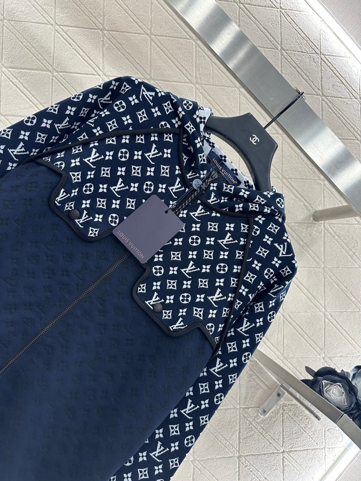LV25 Patchwork Jacquard Hooded Jacket in Navy Blue Mulberry Silk 294493