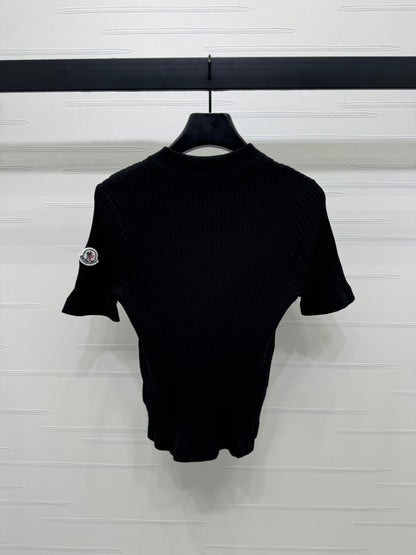 Moncle Beaded Lapel Knit Short-Sleeve Top Black Tencel Cotton 255893