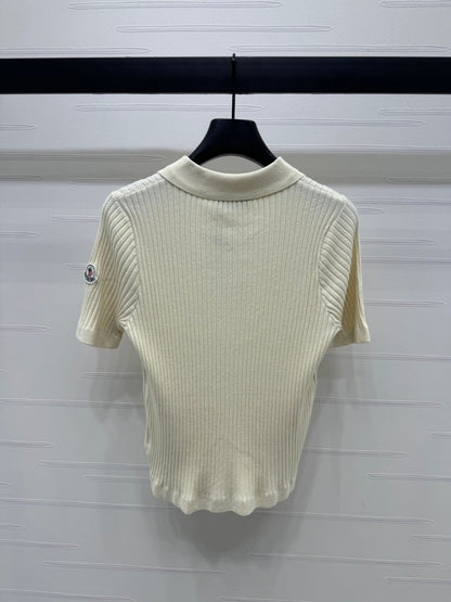 Moncle Beaded Lapel Knit Short-Sleeve Top Cream Tencel Cotton 255895