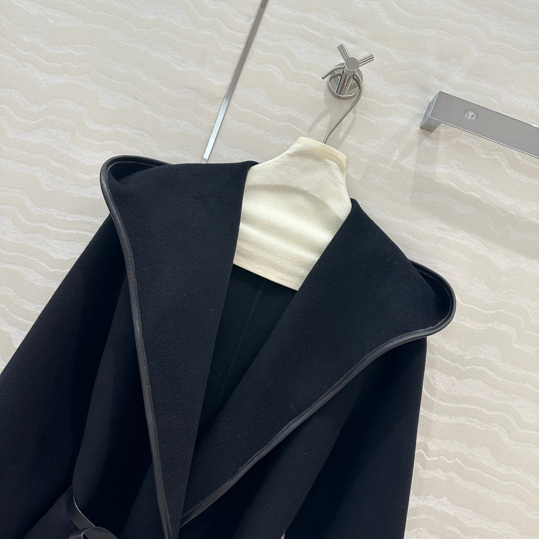 BV Hooded Leather Belt Coat in Black Cashmere