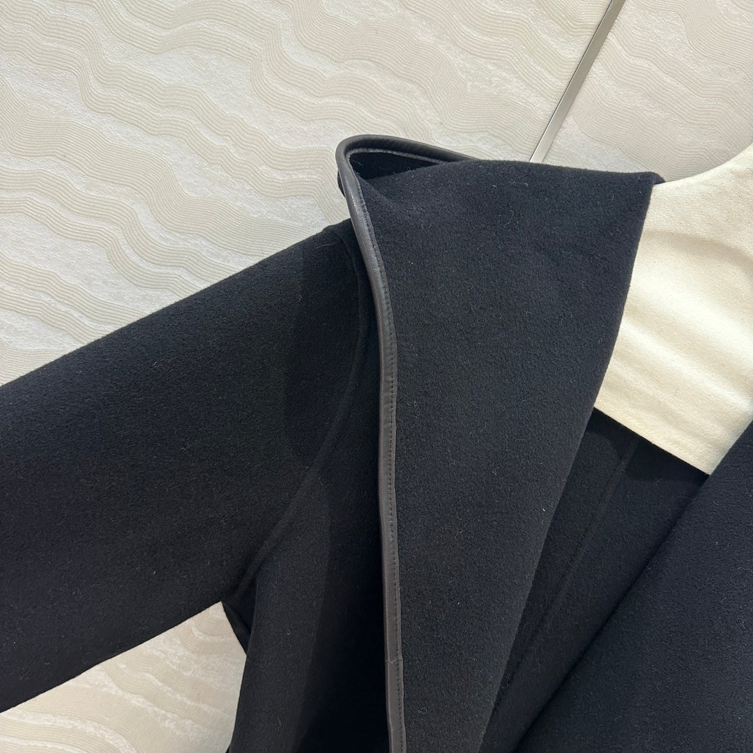 BV Hooded Leather Belt Coat in Black Cashmere
