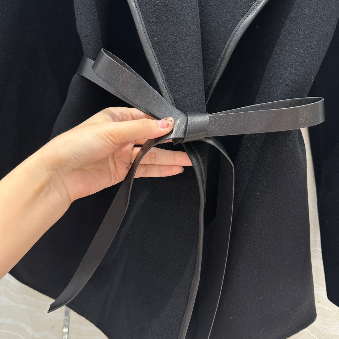 BV Hooded Leather Belt Coat in Black Cashmere