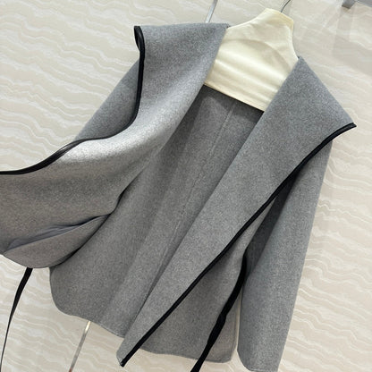 BV Hooded Leather Belt Coat in Gray Cashmere