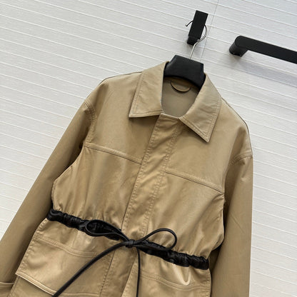 BV Shirt Jacket Leather Bound Belt in Brown Cotton