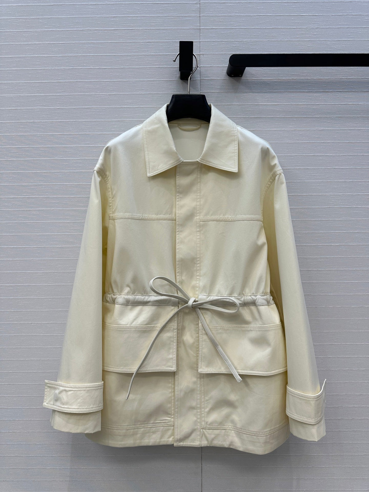 BV Shirt Jacket Leather Bound Belt in Cream Cotton
