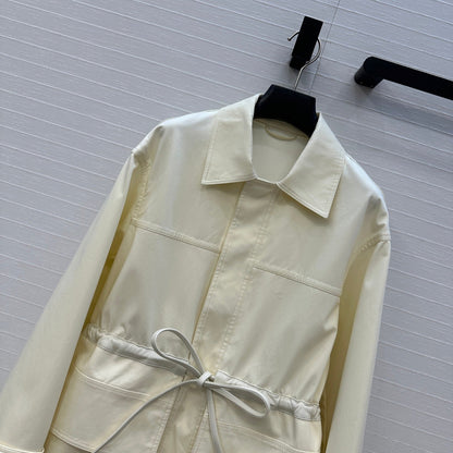 BV Shirt Jacket Leather Bound Belt in Cream Cotton