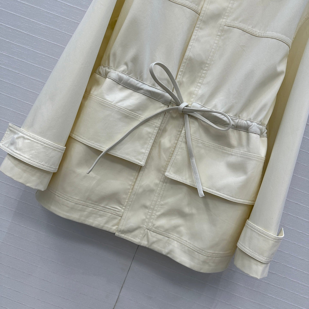BV Shirt Jacket Leather Bound Belt in Cream Cotton