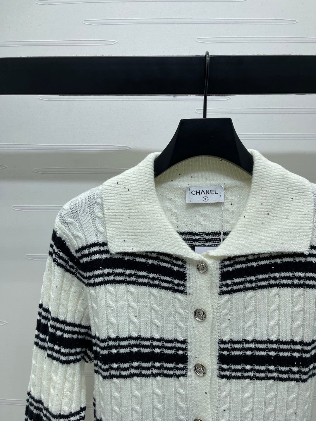 CC 25 Striped Knit Cardigan White Wool