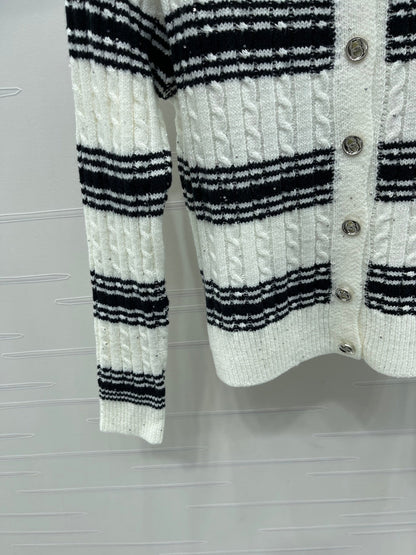 CC 25 Striped Knit Cardigan White Wool