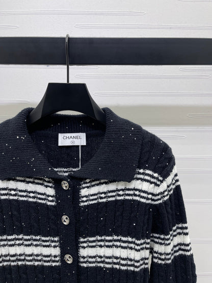 CC 25 Striped Knit Cardigan Black Wool