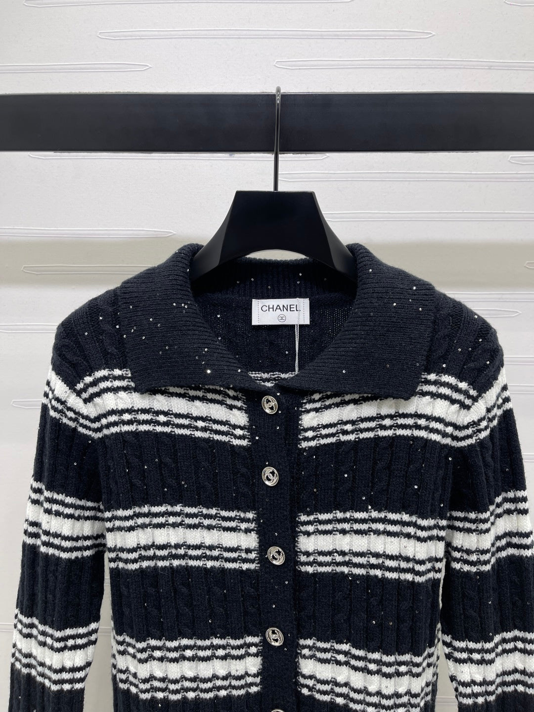 CC 25 Striped Knit Cardigan Black Wool
