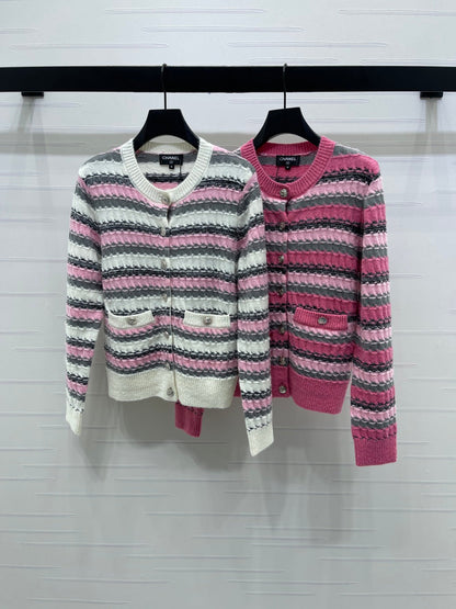 CC 25 Striped Knitted Long-Sleeved Pocket Cardigan White Tencel