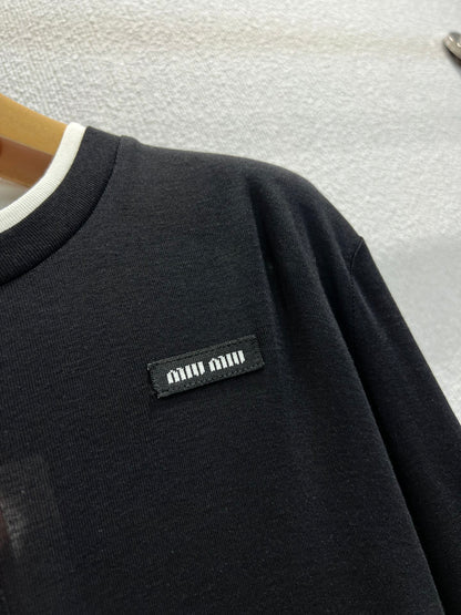Miumiu 25FW Tencel Wool Fake Two-Piece Long-Sleeved T-Shirt Black Wool