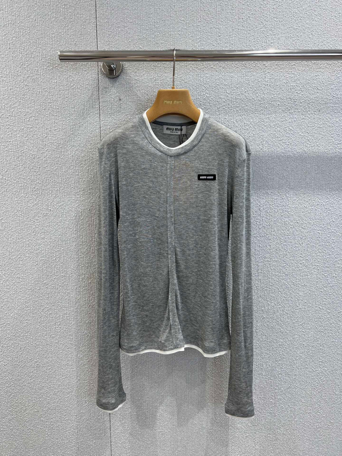 Miumiu 25FW Tencel Wool Fake Two-Piece Long-Sleeved T-Shirt Gray Wool