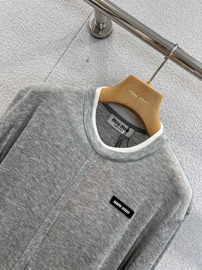 Miumiu 25FW Tencel Wool Fake Two-Piece Long-Sleeved T-Shirt Gray Wool
