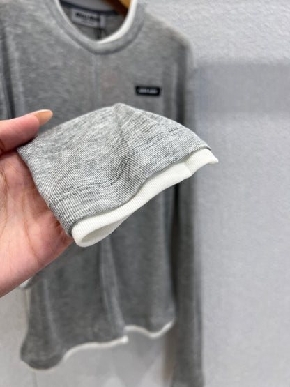 Miumiu 25FW Tencel Wool Fake Two-Piece Long-Sleeved T-Shirt Gray Wool