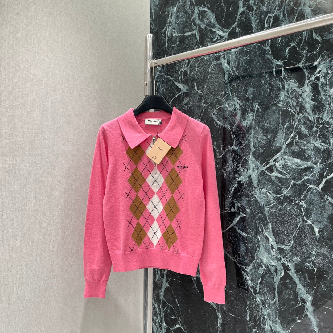 Miumiu 25 Diamond Half-Placket Knitted Sweater Pink Cashmere