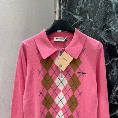 Miumiu 25 Diamond Half-Placket Knitted Sweater Pink Cashmere