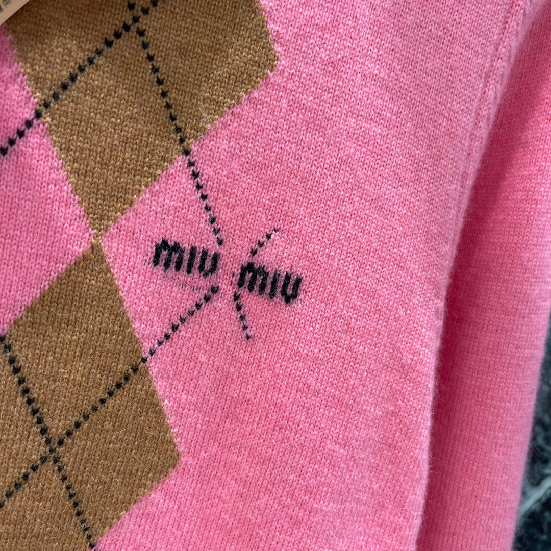 Miumiu 25 Diamond Half-Placket Knitted Sweater Pink Cashmere
