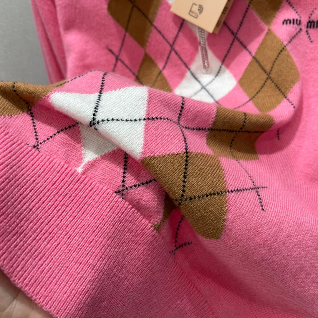 Miumiu 25 Diamond Half-Placket Knitted Sweater Pink Cashmere