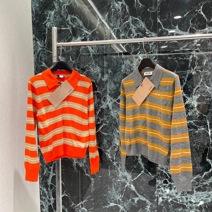 Miumiu 25 Striped Lapel Knitted Long Sleeves Shirt Wool