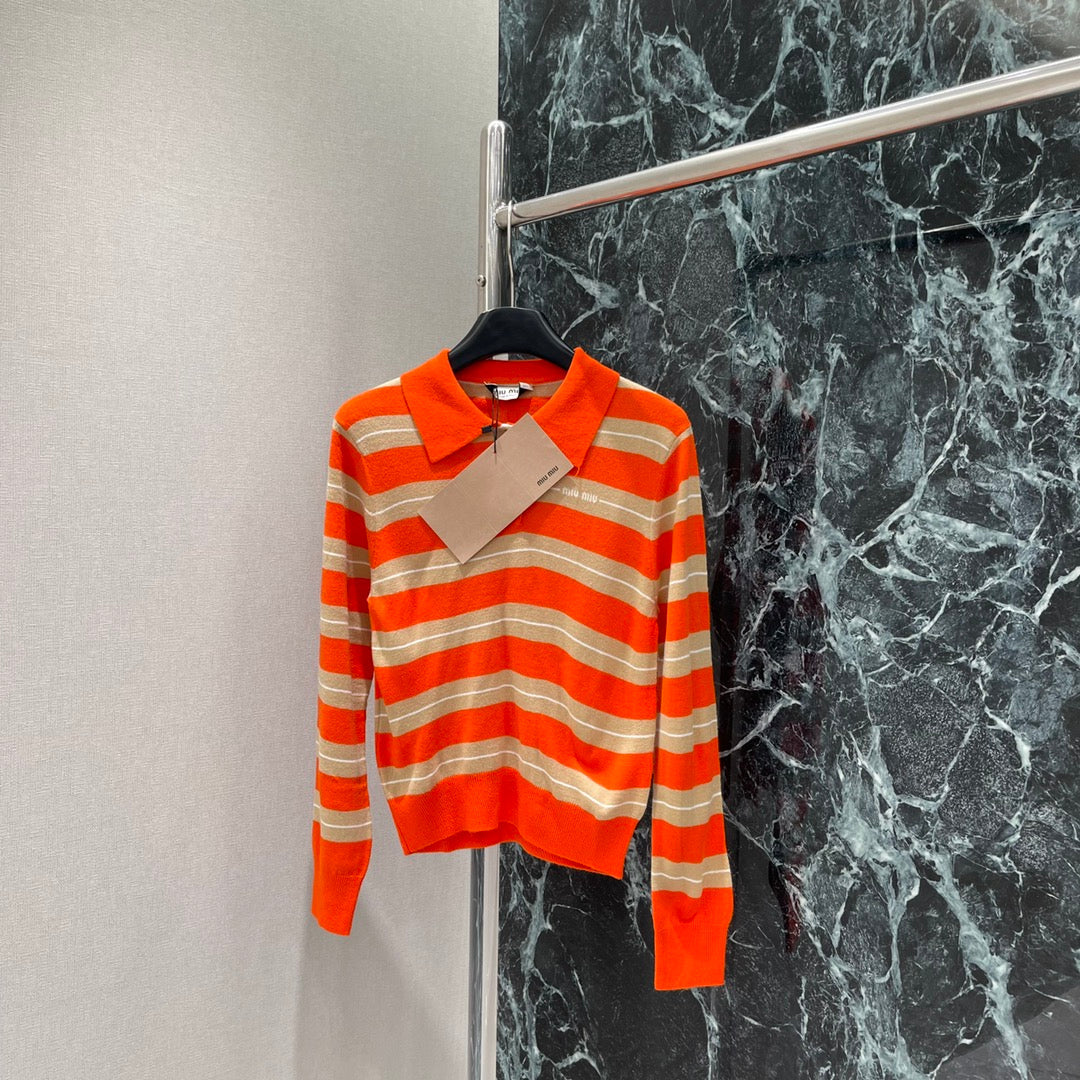 Miumiu 25 Striped Lapel Knitted Long Sleeves Shirt Wool