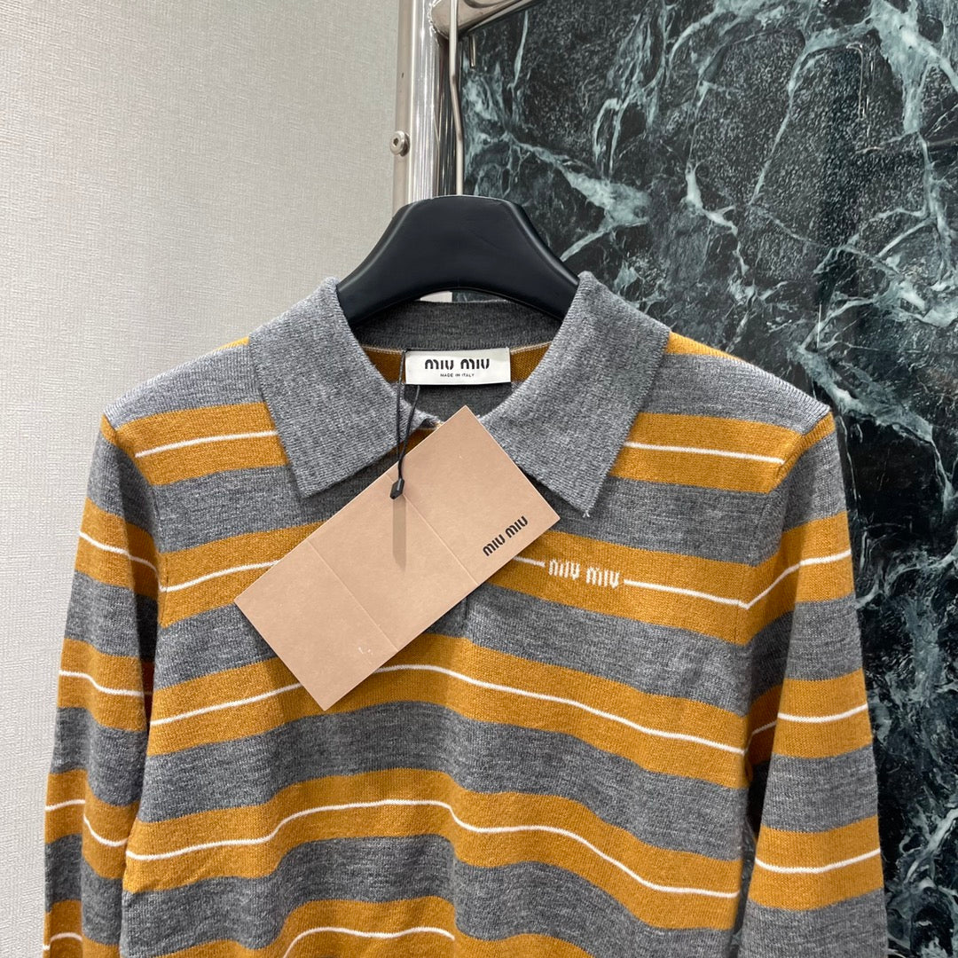 Miumiu 25 Striped Lapel Knitted Long Sleeves Shirt Wool