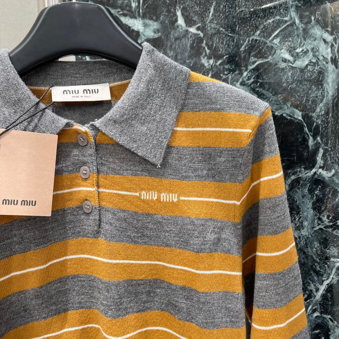 Miumiu 25 Striped Lapel Knitted Long Sleeves Shirt Wool