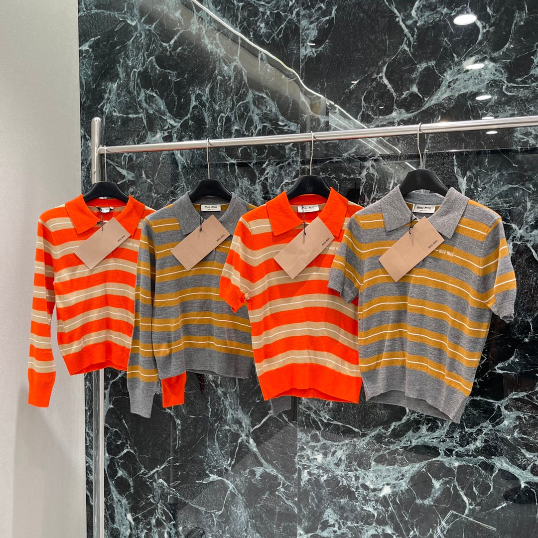 Miumiu 25 Striped Lapel Knitted Long Sleeves Shirt Wool