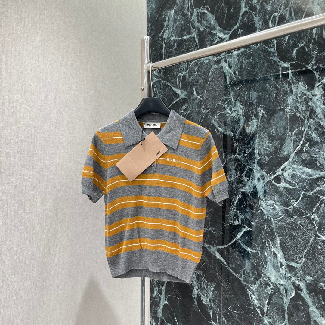 Miumiu 25 Striped Lapel Knitted Short Sleeves Shirt Wool