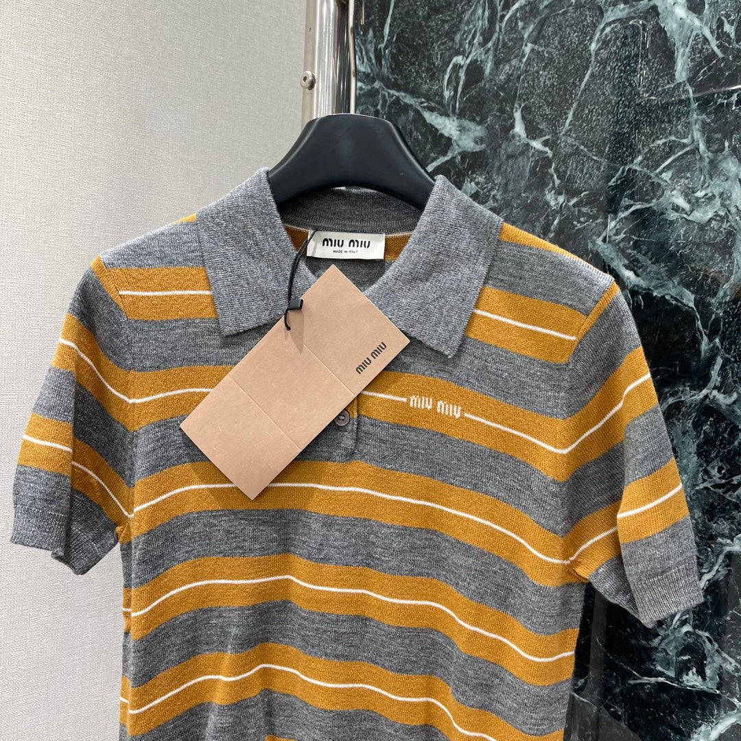 Miumiu 25 Striped Lapel Knitted Short Sleeves Shirt Wool