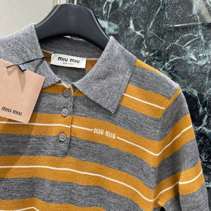 Miumiu 25 Striped Lapel Knitted Short Sleeves Shirt Wool