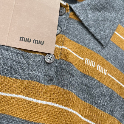 Miumiu 25 Striped Lapel Knitted Short Sleeves Shirt Wool