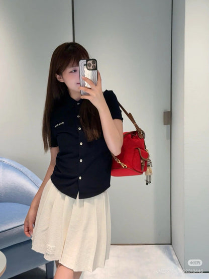 Miumiu Short-Sleeve Shirt Navy Blue Cotton