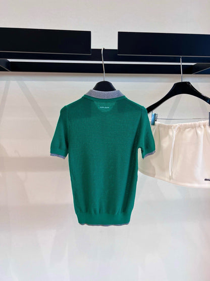 Miumiu Short-Sleeve Polo Shirt Green Cotton