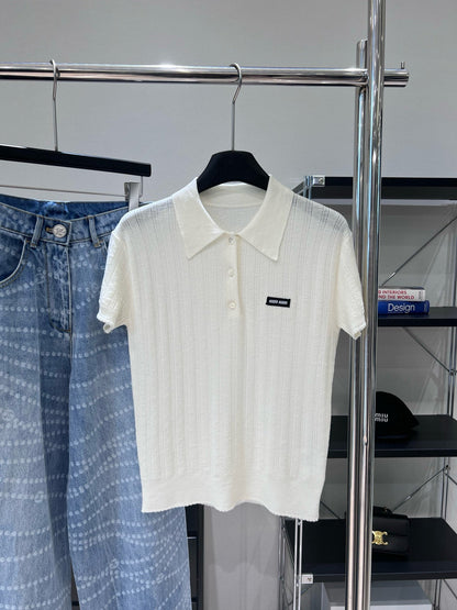 Miumiu Short-Sleeve Polo Shirt White Cashmere