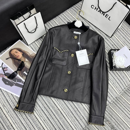 CC Round Crew Neck Leather Chain Jacket Black Lambskin